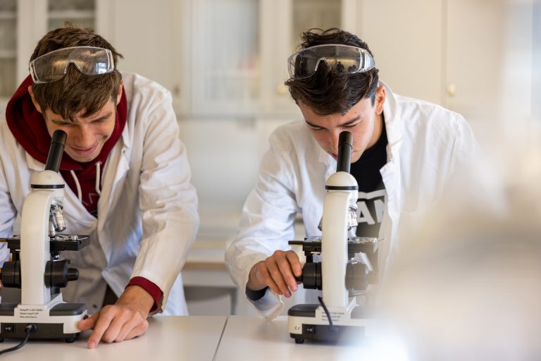 Två elever som under en laboration använder sig av mikroskop. 