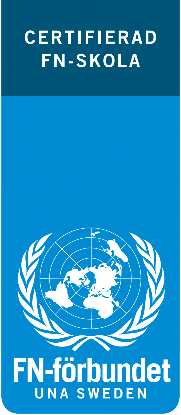 Logotyp för FN-förbundet. I logotypen står texten Certificerad FN-skola. 