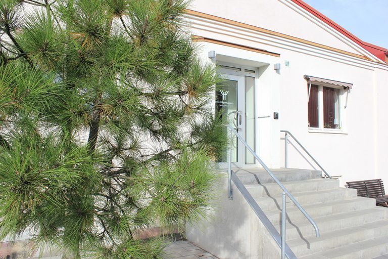 Vit skolbyggnad med grå trappa framför och ett barrträd vid sidan.