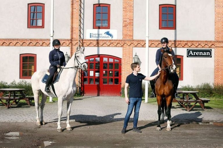 Tre elever och två hästar framför skolbyggnaden.